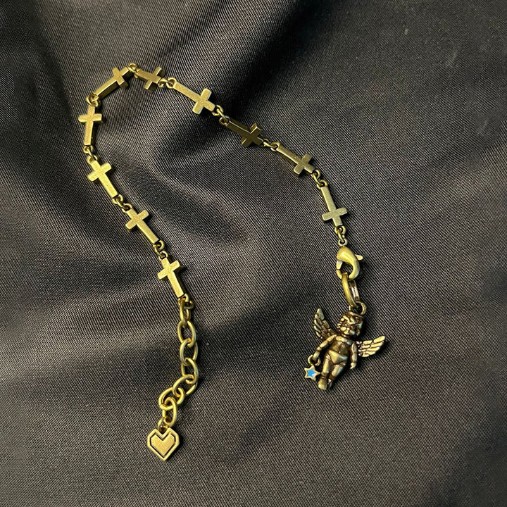 Retro Style Bronze Lucky Star Angel & Heart Cross Bracelet