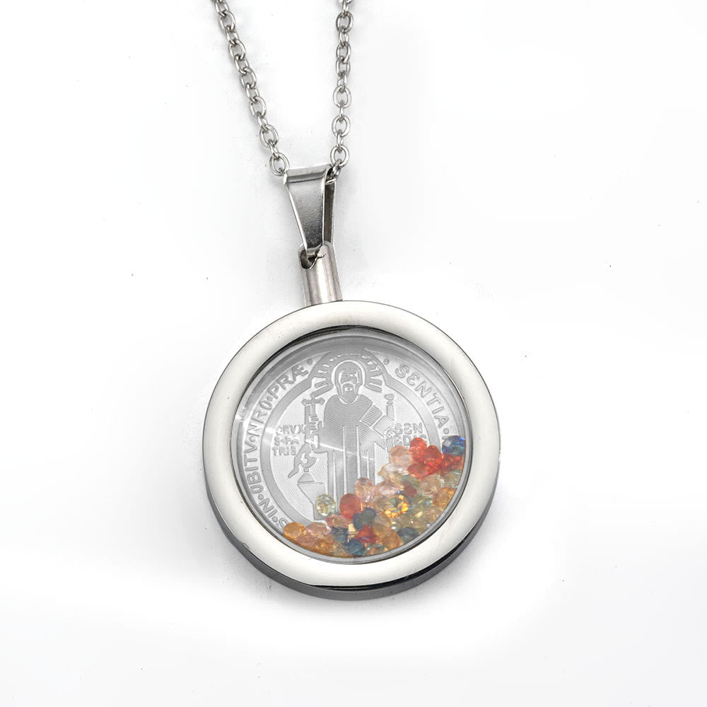 Gold Round Reversible Necklace: Our Lady and St. Benedict