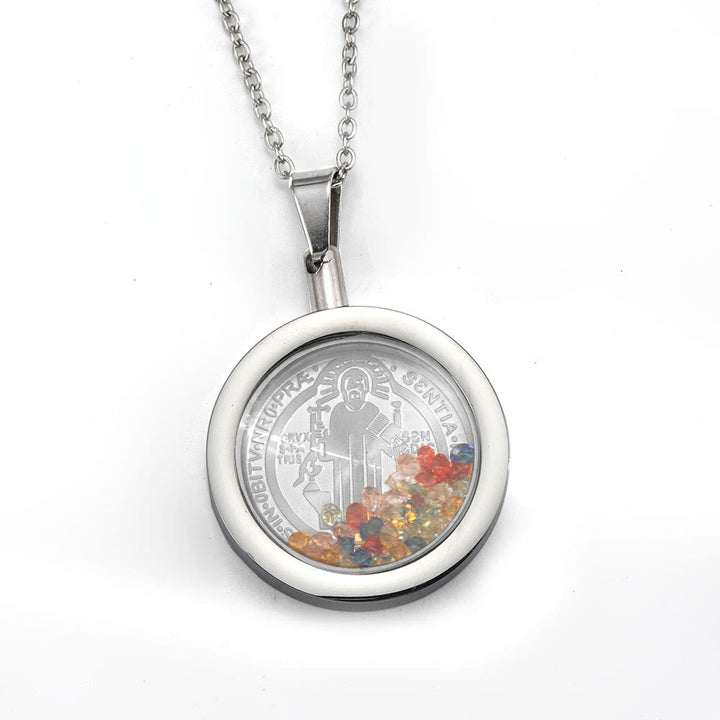 Gold Round Reversible Necklace: Our Lady and St. Benedict